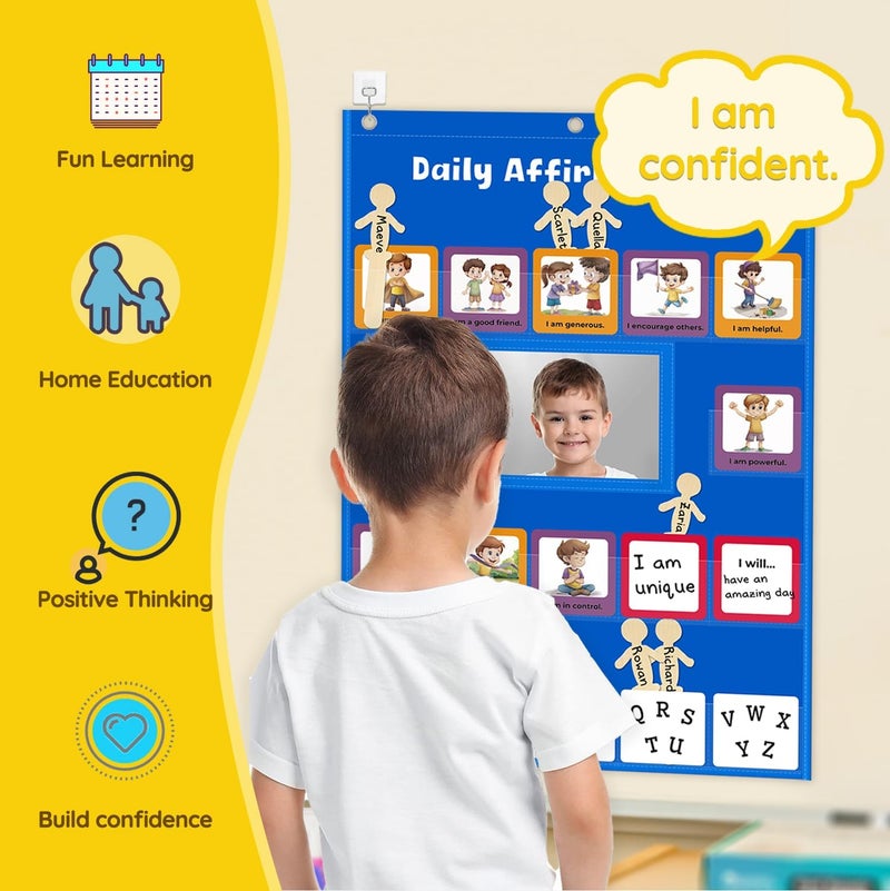 ALSLEA Daily Affirmations for Kids Pocket Chart with Mirror Large Pocket Chart for Classroom, Mindfulness Affirmation Mirror for Toddler with 47 Cards Calm Down Corner Supplies (Blue) - Image 5
